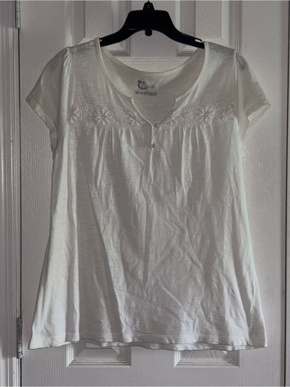 Classic Elements White Short Sleeve Embroidered Yoke Top